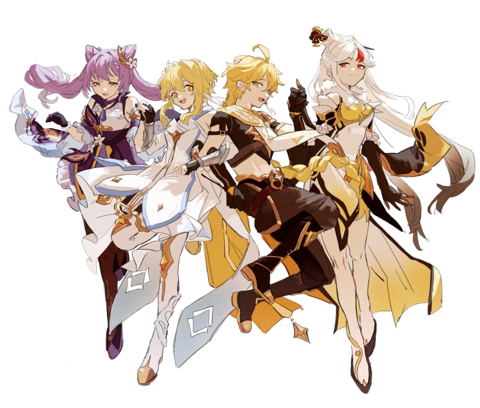 Keqing, Lumine, Aether, and Ningguang from Genshin Impact