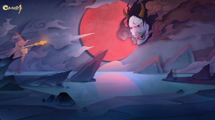 Onmyoji: Oni mask and warrior by a red moon