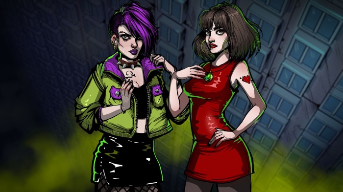 Two punk girls in front of a building