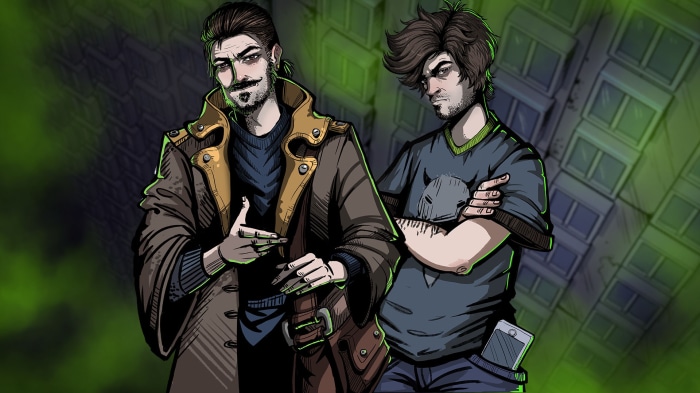 Two men in a stylized urban environment