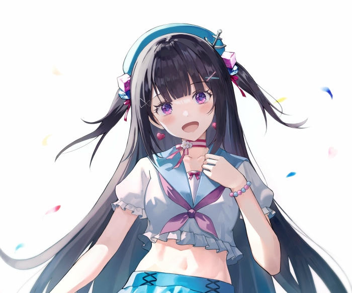 Anime girl with long black hair and purple eyes