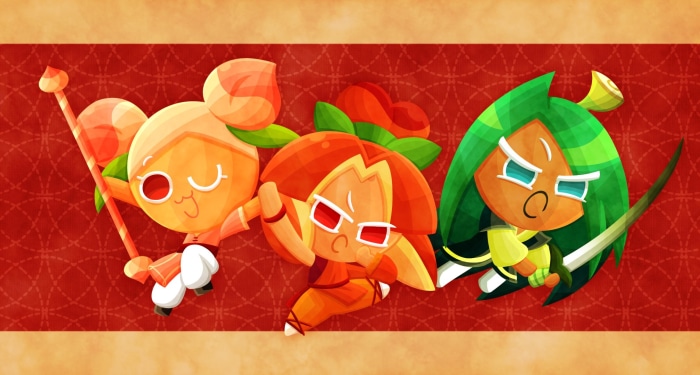 Peach Cookie, Leek Cookie, and Plum Cookie from Cookie Run