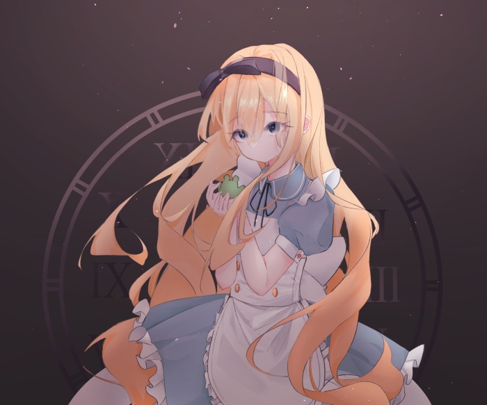 Alice from Alice in Wonderland holding a green object