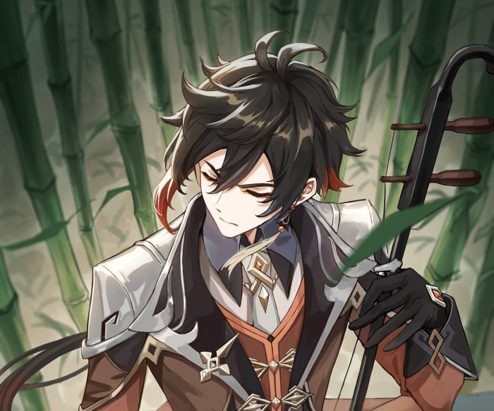 Zhongli from Genshin Impact with a musical instrument