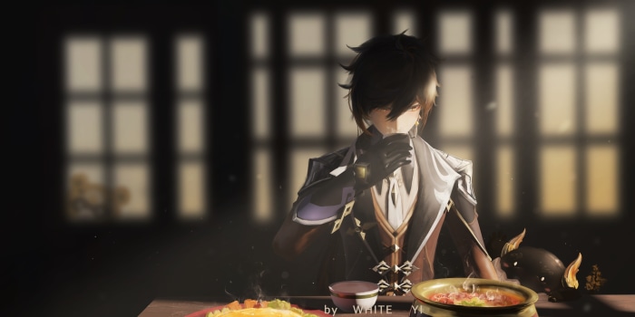 Zhongli and Guoba from Genshin Impact eating