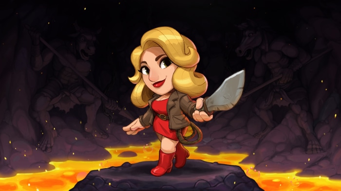 Woman with knife and whip in Spelunky 2