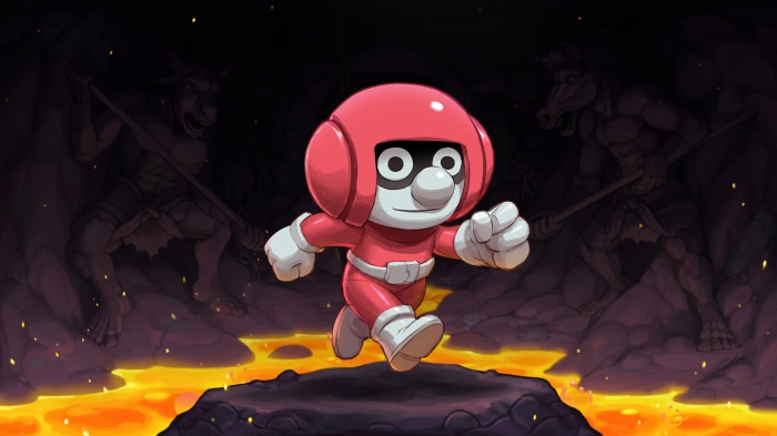 Spelunky 2 character running through lava cave