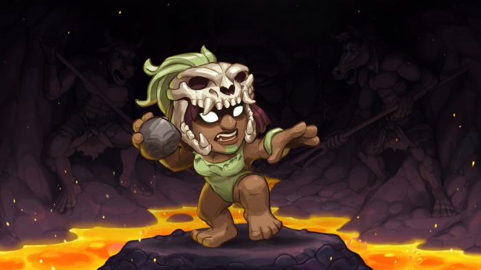Spelunky 2 character with skull helmet throwing rock