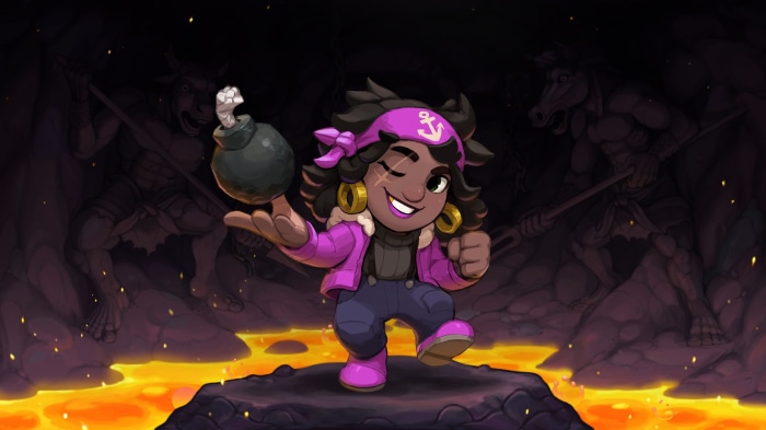 Spelunky 2 character holding a bomb in a cave