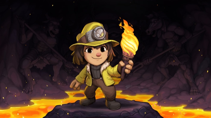 Spelunky 2 character with torch in lava cave