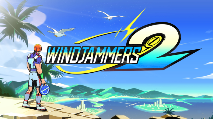 Windjammers 2 game title with character and tropical background