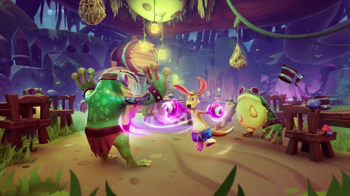 Kao The Kangaroo fighting frog characters in a swampy arena