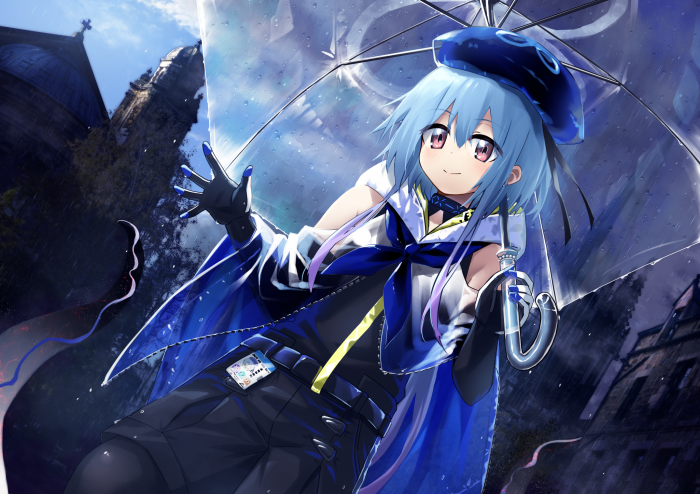 Mizuki from Arknights holding an umbrella in the rain