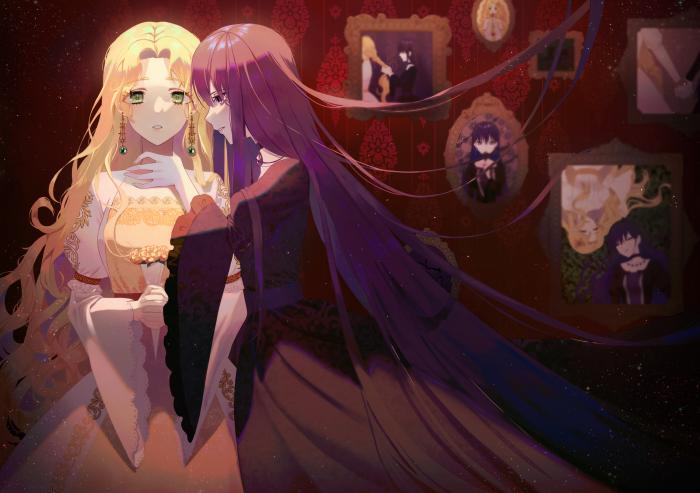 Two women in ornate dresses in a room with portraits