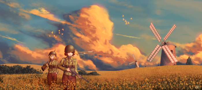 Girls Frontline 4K: Two soldiers in a field with windmills