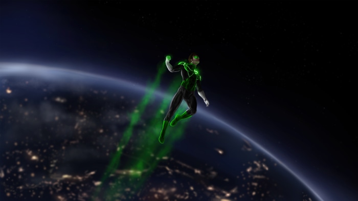 Green Lantern from DC Comics flying above Earth