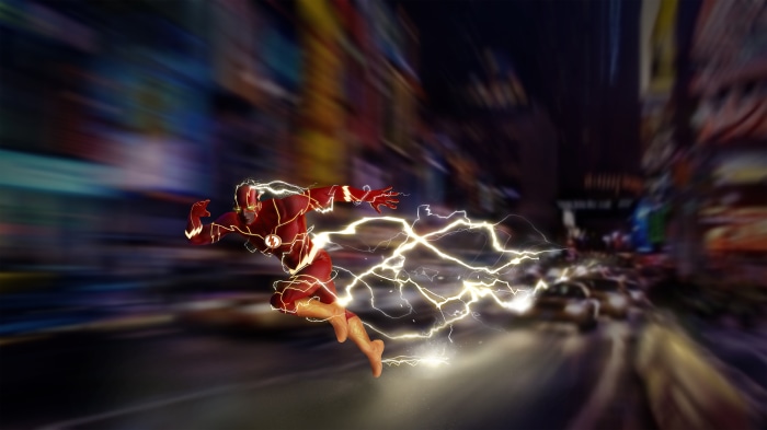 The Flash from DC Comics running with lightning