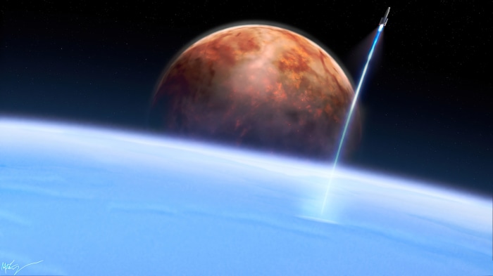 Spaceship Ascending from Planet with Red Moon