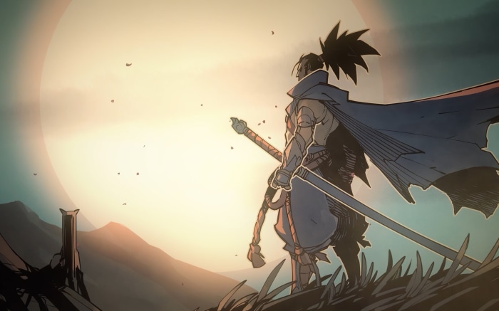 Yasuo from League of Legends standing in a landscape