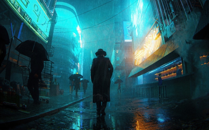 Cyberpunk city street at night in the rain