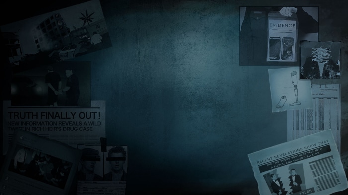 Crime scene evidence and newspaper clippings