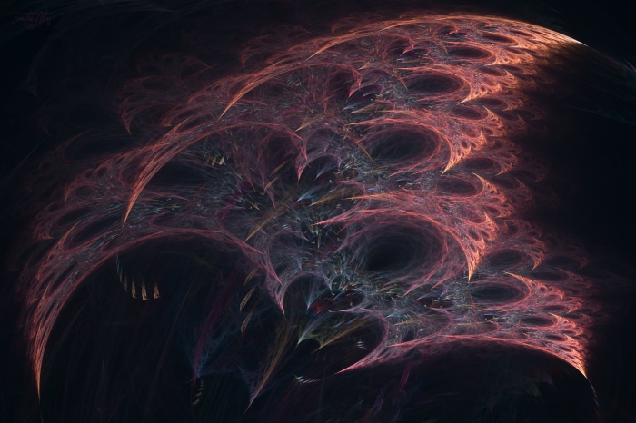 Abstract fractal shapes with pink and blue hues