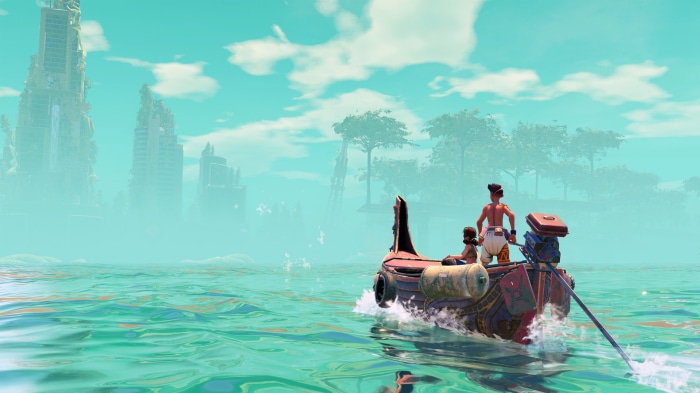 Two people in a boat on the water