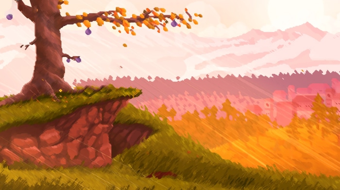 Pixel art landscape with tree and distant town