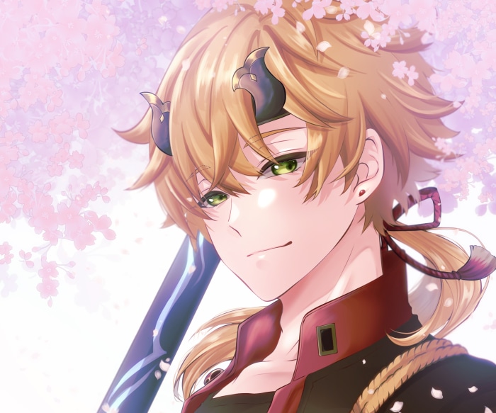 Thoma from Genshin Impact with cherry blossoms
