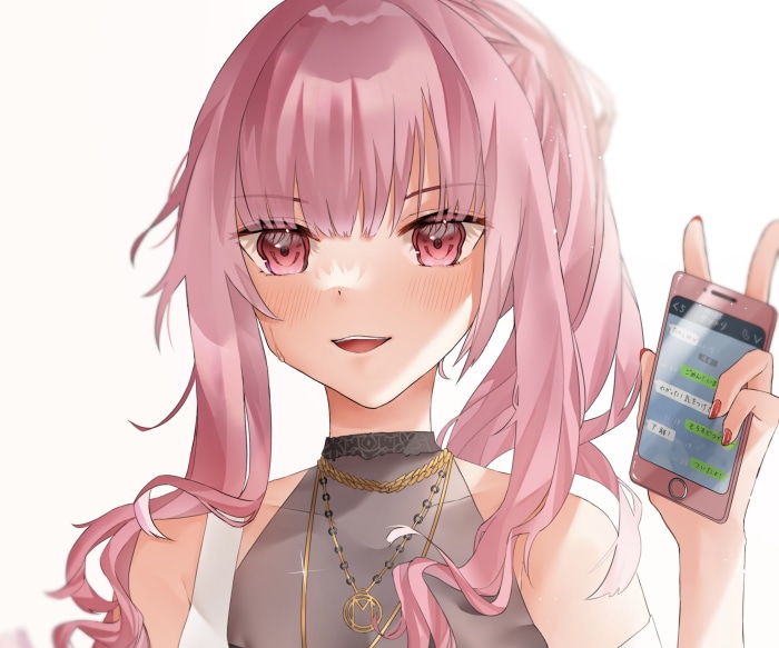 Mori Calliope from Hololive holding a smartphone