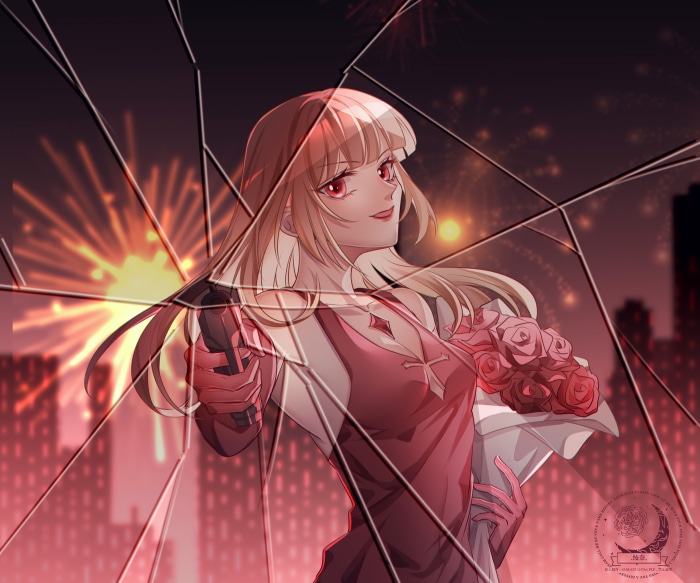 Stella from Sound Horizon holding a gun and roses