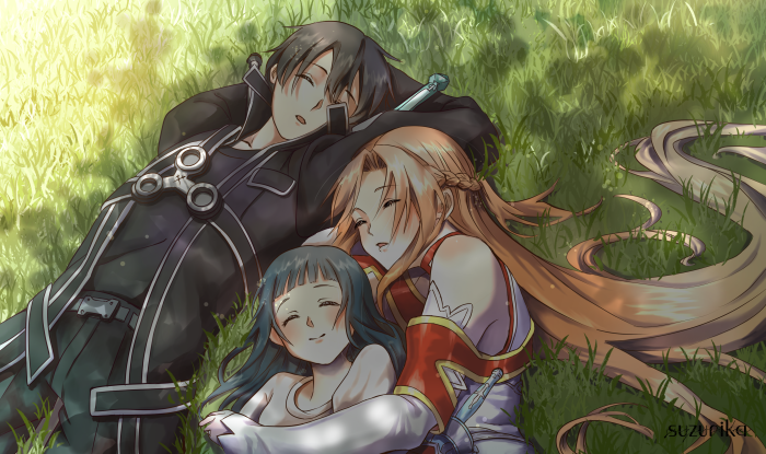 Kirito, Asuna, and Yui from Sword Art Online relaxing in grass