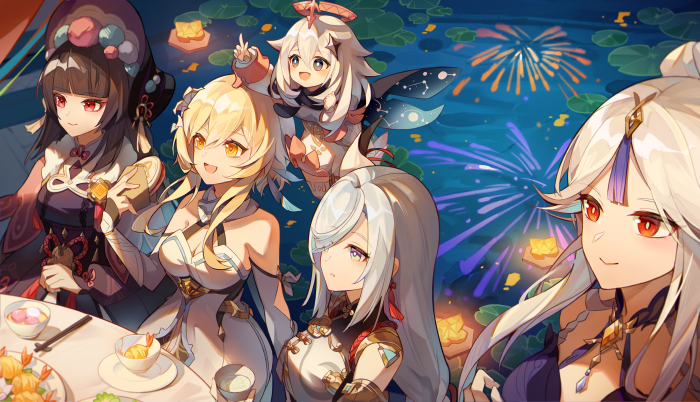 Genshin Impact: Ningguang, Paimon, Yun Jin, Shenhe, and Lumine at a Festival