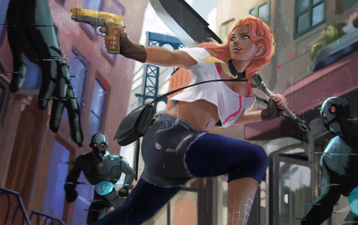 Samira from League of Legends in a city street