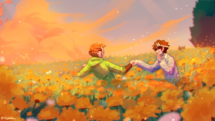 GeorgeNotFound and Dream from Dream SMP in a field