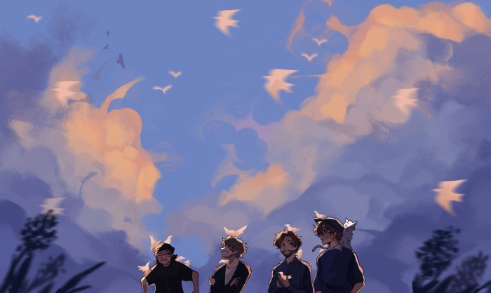 Four figures stand against a cloudy sky with birds