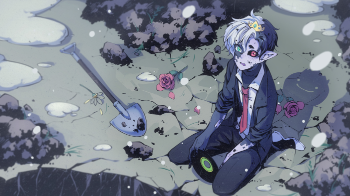 Ranboo from Dream SMP with a shovel and roses