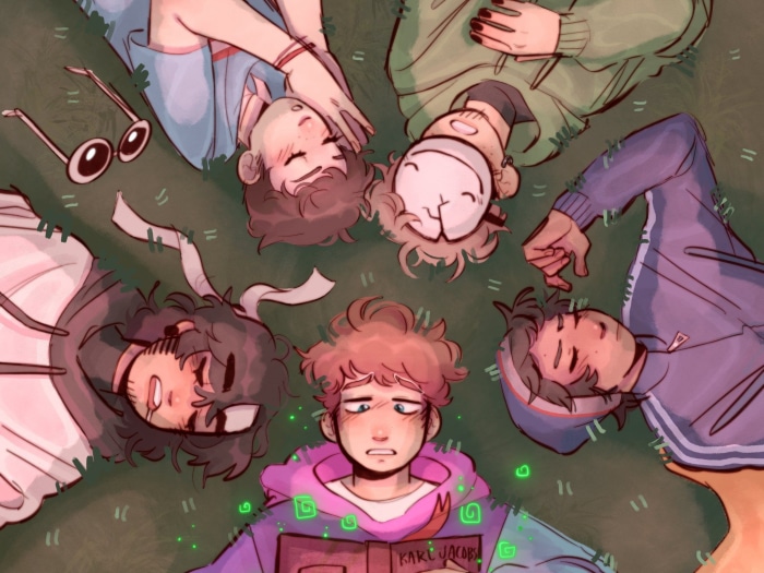 Dream SMP characters lying on grass