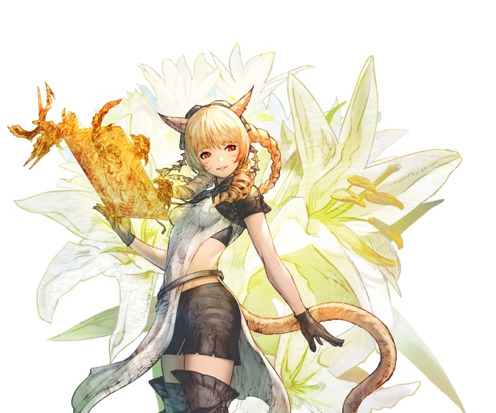Miqo'te holding Carbuncle from Final Fantasy XIV