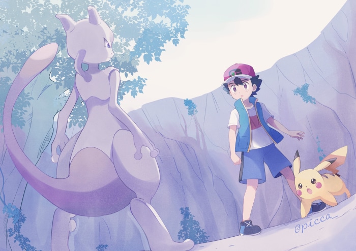 Mewtwo, Ash Ketchum, and Pikachu from Pokémon