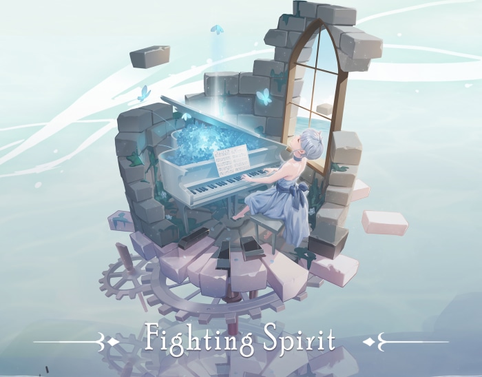 Echo from Deemo II playing piano in ruins
