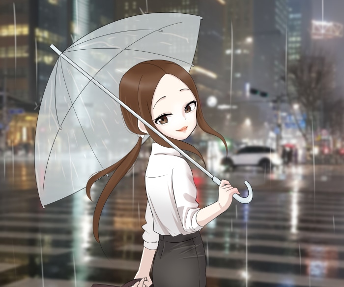 Takagi from Karakai Jouzu No Takagi-san with umbrella in rain