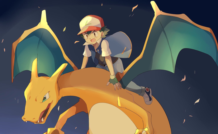 Ash Ketchum riding Charizard from Pokémon