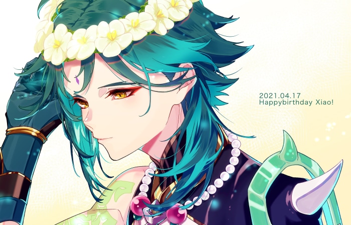 Xiao from Genshin Impact with flower crown