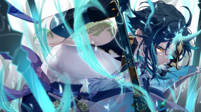Xiao from Genshin Impact with mask and glowing effects
