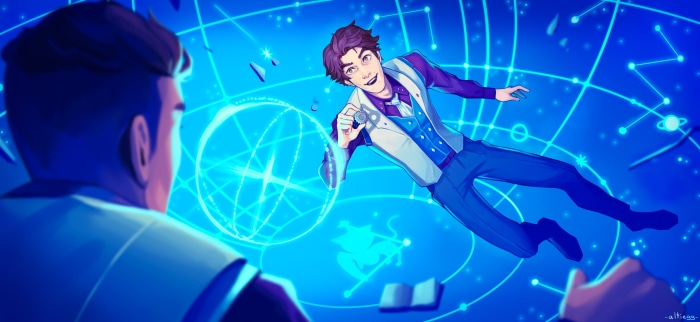 Viktor from League of Legends in a cosmic setting