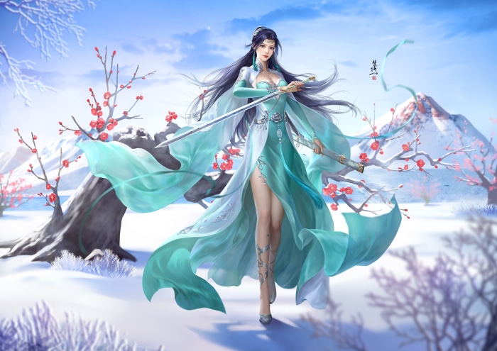 Fantasy Woman Warrior with Sword in Winter