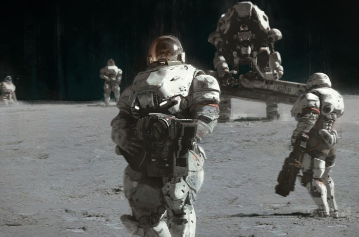 Futuristic astronauts on a desolate planet