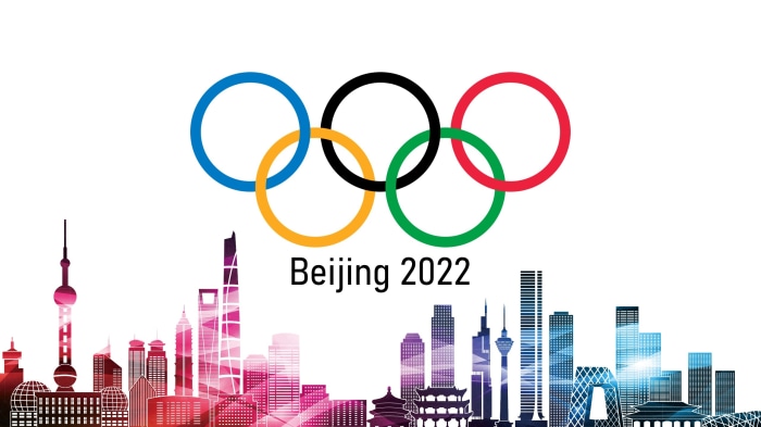 Beijing 2022 Winter Olympics logo with cityscape