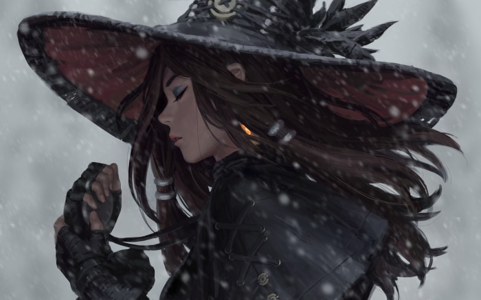 Fantasy Witch in Snow with Large Hat
